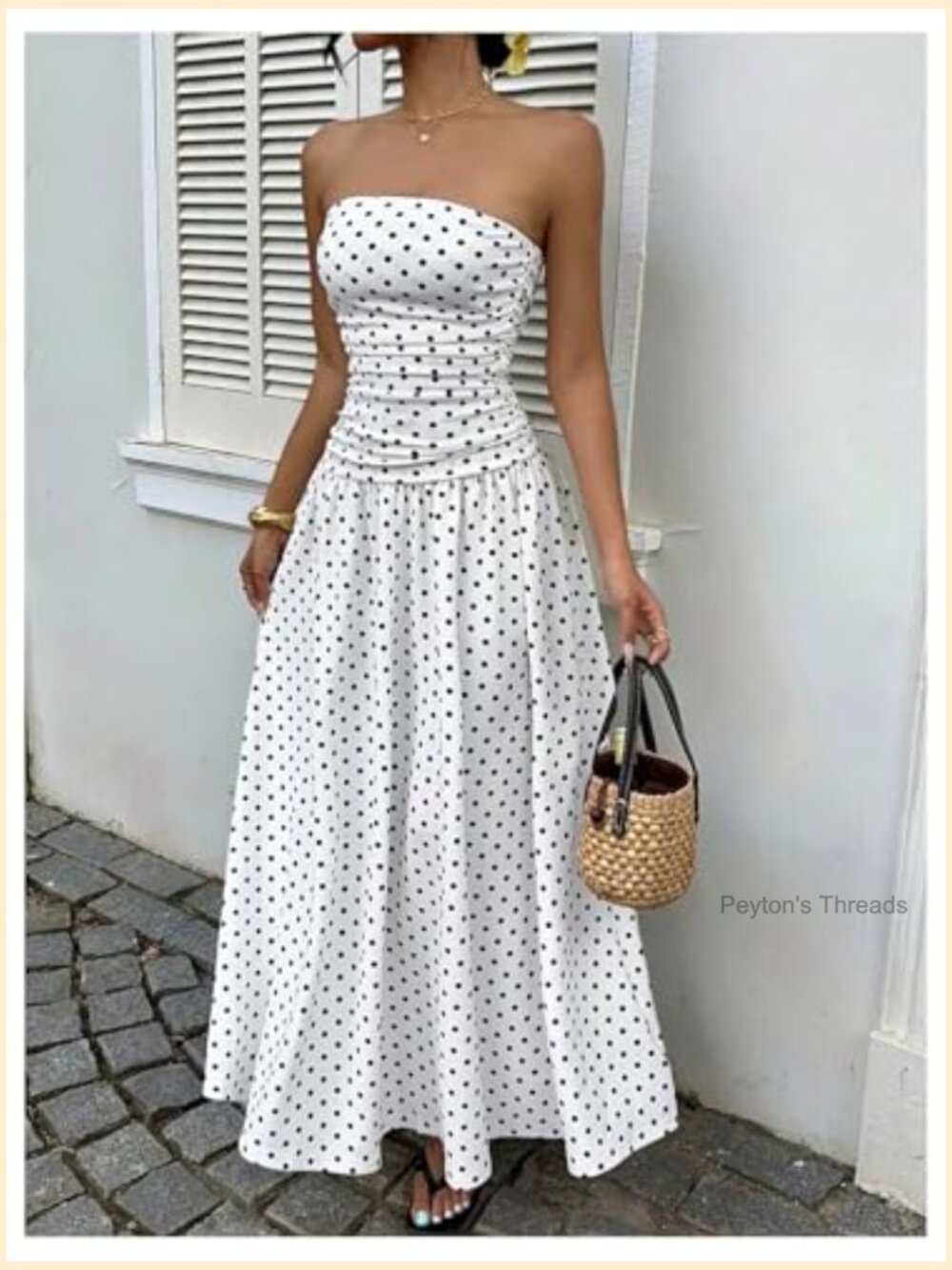 Strapless Polka Dot Ruffle Hem Maxi Dress with A-Line Silhouette - Picture 2 of 5